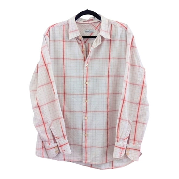 Tommy Bahama Cotton/Silk Cream with Orange button up,large EUC - Picture 1 of 4